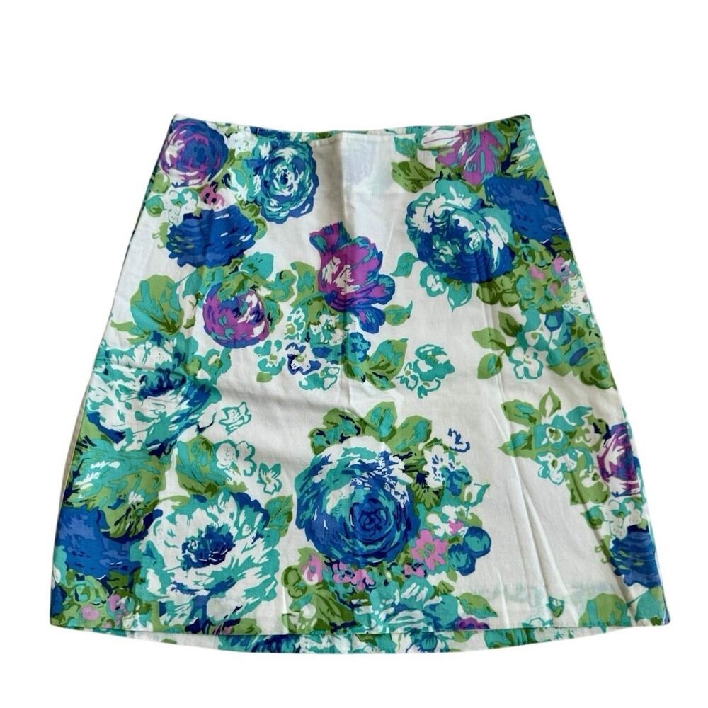 Boden Floral A-Line Skirt in Blue, Green, Purple on White
